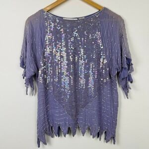 Vintage Dominique Sequin Beaded Silk‎ Top Women Small Purple Fairy Grunge Whimsy